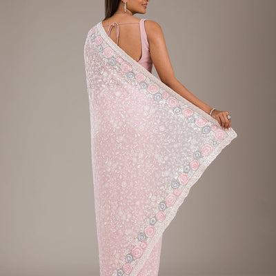 Baby Pink Threadwork Georgette Saree