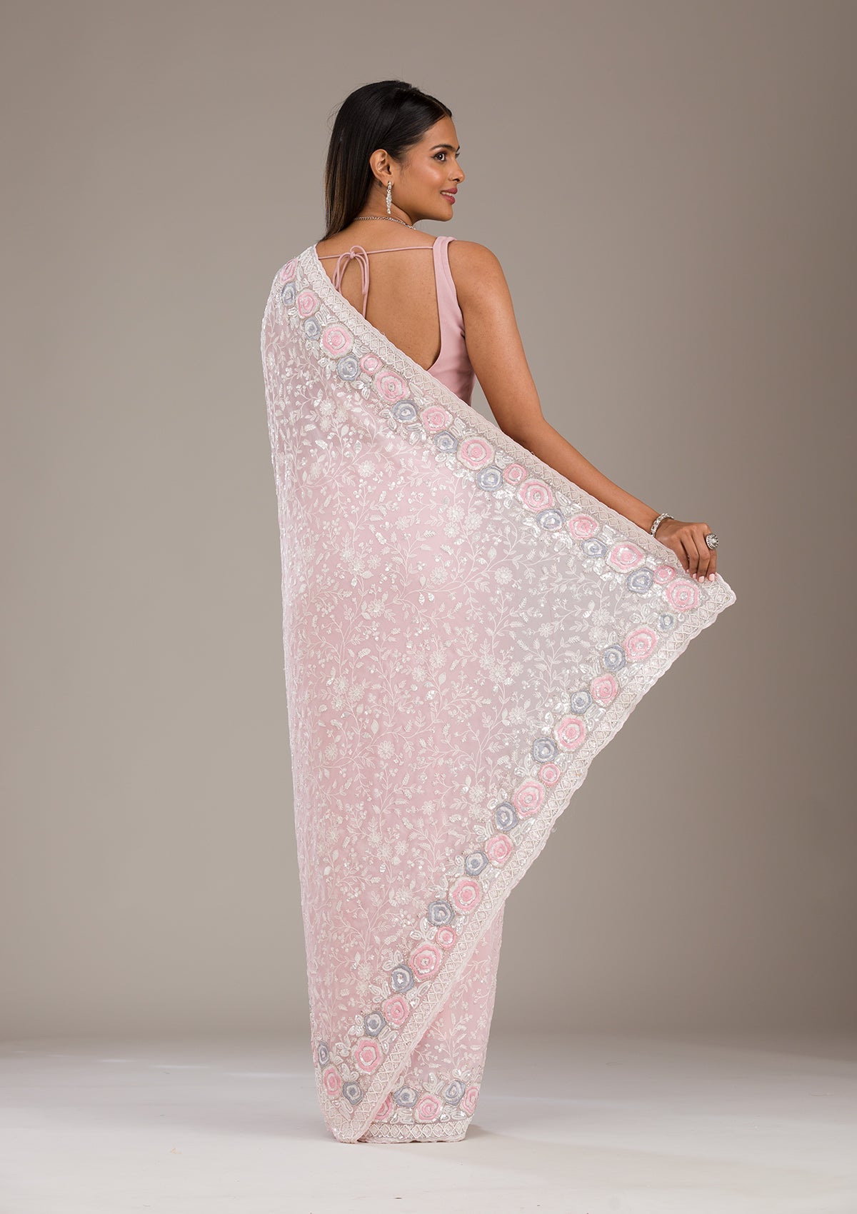 Baby Pink Threadwork Georgette Saree