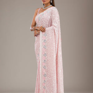 Baby Pink Threadwork Georgette Saree