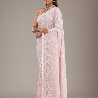 Baby Pink Threadwork Georgette Saree