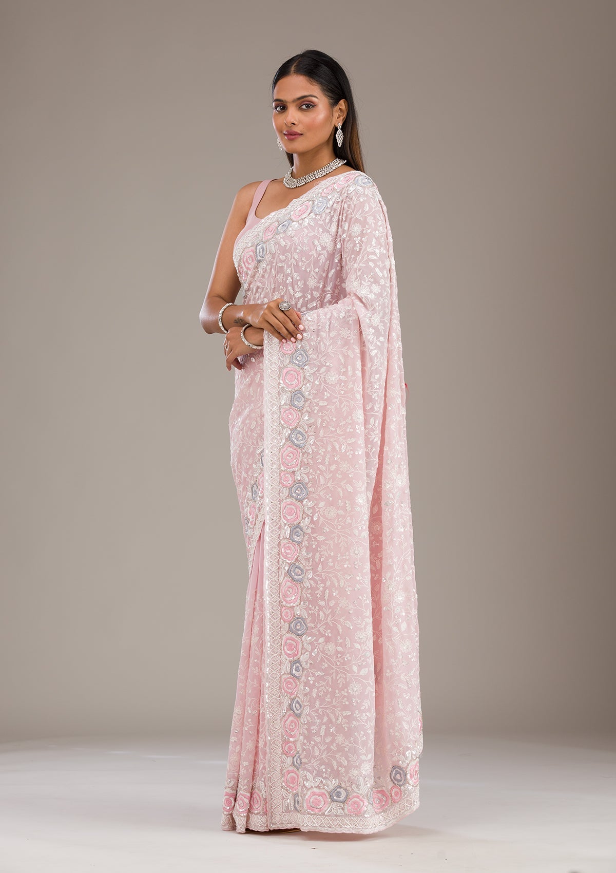 Baby Pink Threadwork Georgette Saree