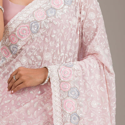 Baby Pink Threadwork Georgette Saree