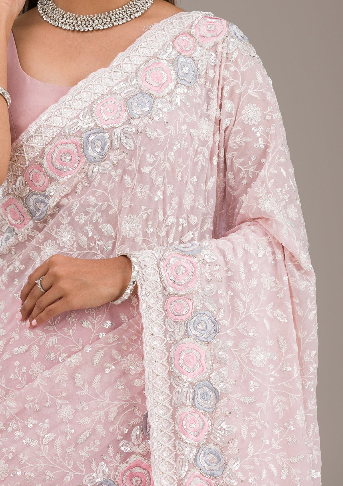 Baby Pink Threadwork Georgette Saree