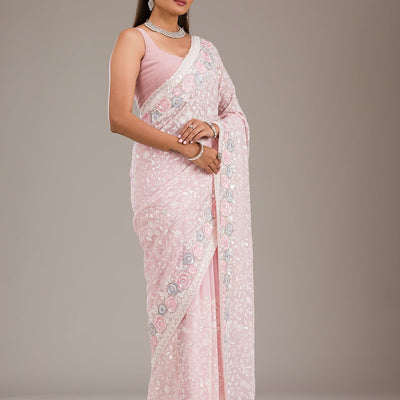 Baby Pink Threadwork Georgette Saree