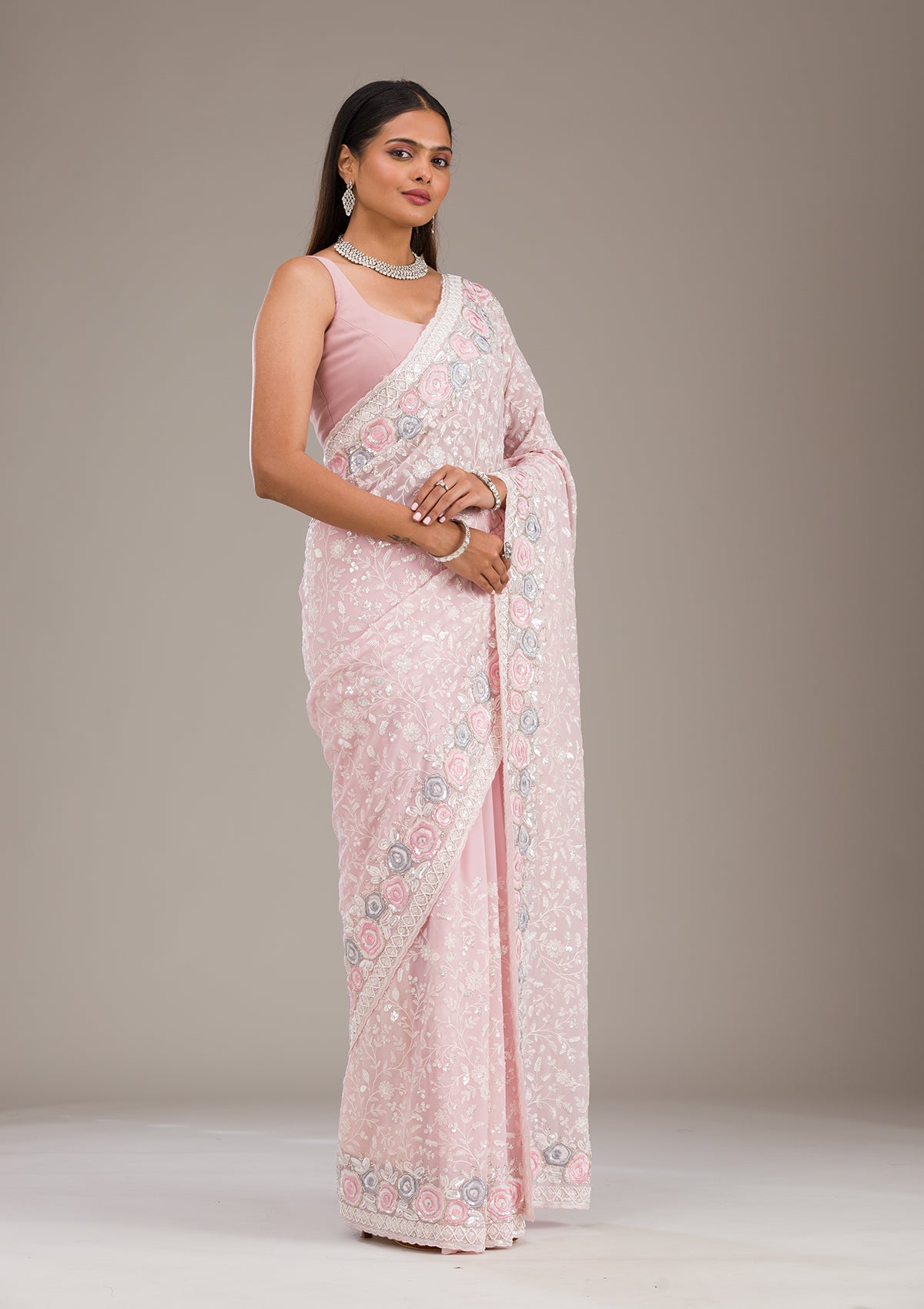 Baby Pink Threadwork Georgette Saree