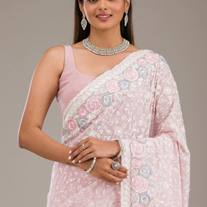Baby Pink Threadwork Georgette Saree