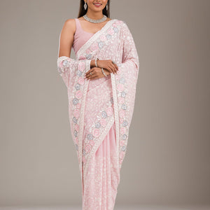 Baby Pink Threadwork Georgette Saree