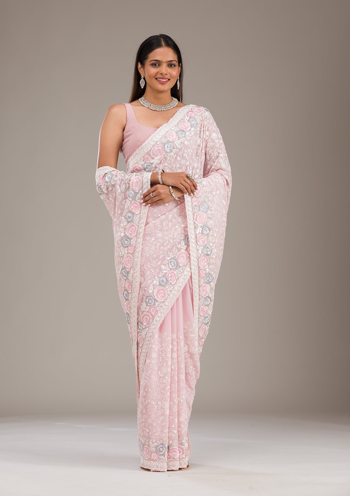 Baby Pink Threadwork Georgette Saree