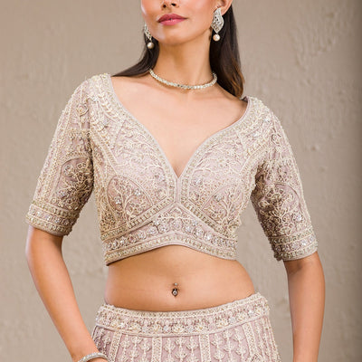 Baby Pink Threadwork Net Readymade Lehenga