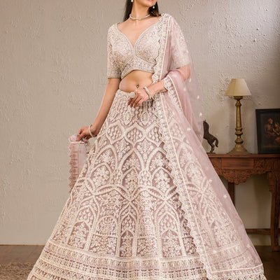 Baby Pink Threadwork Net Readymade Lehenga