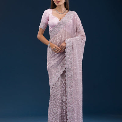 Baby Pink Threadwork Net Saree