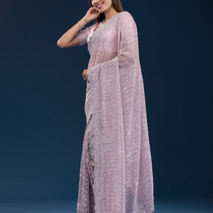 Baby Pink Threadwork Net Saree