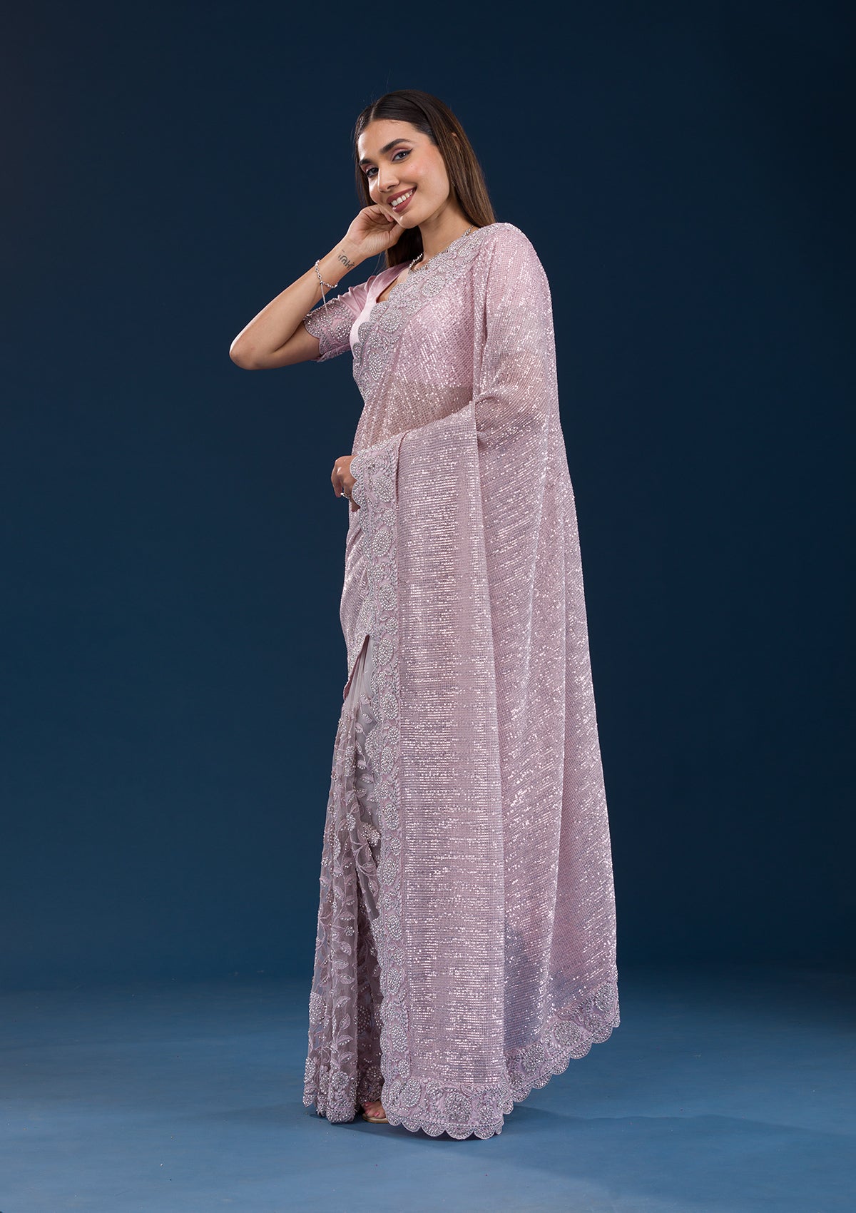 Baby Pink Threadwork Net Saree