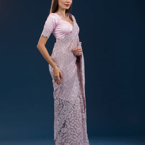 Baby Pink Threadwork Net Saree