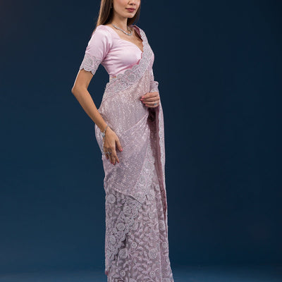 Baby Pink Threadwork Net Saree
