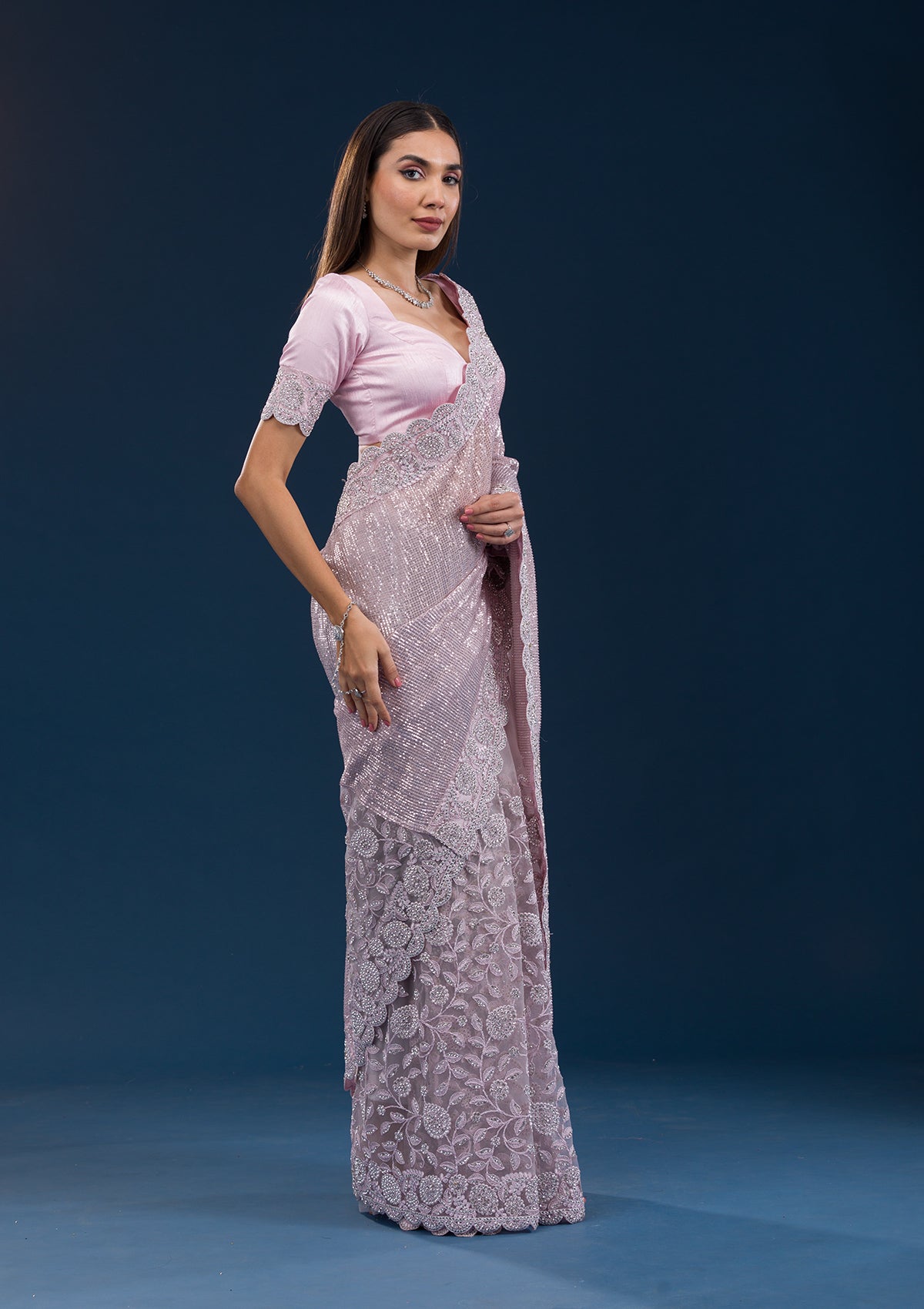 Baby Pink Threadwork Net Saree
