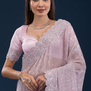 Baby Pink Threadwork Net Saree