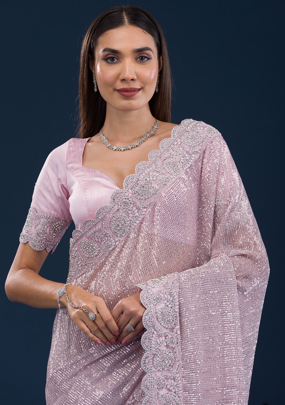 Baby Pink Threadwork Net Saree