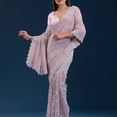 Baby Pink Threadwork Net Saree