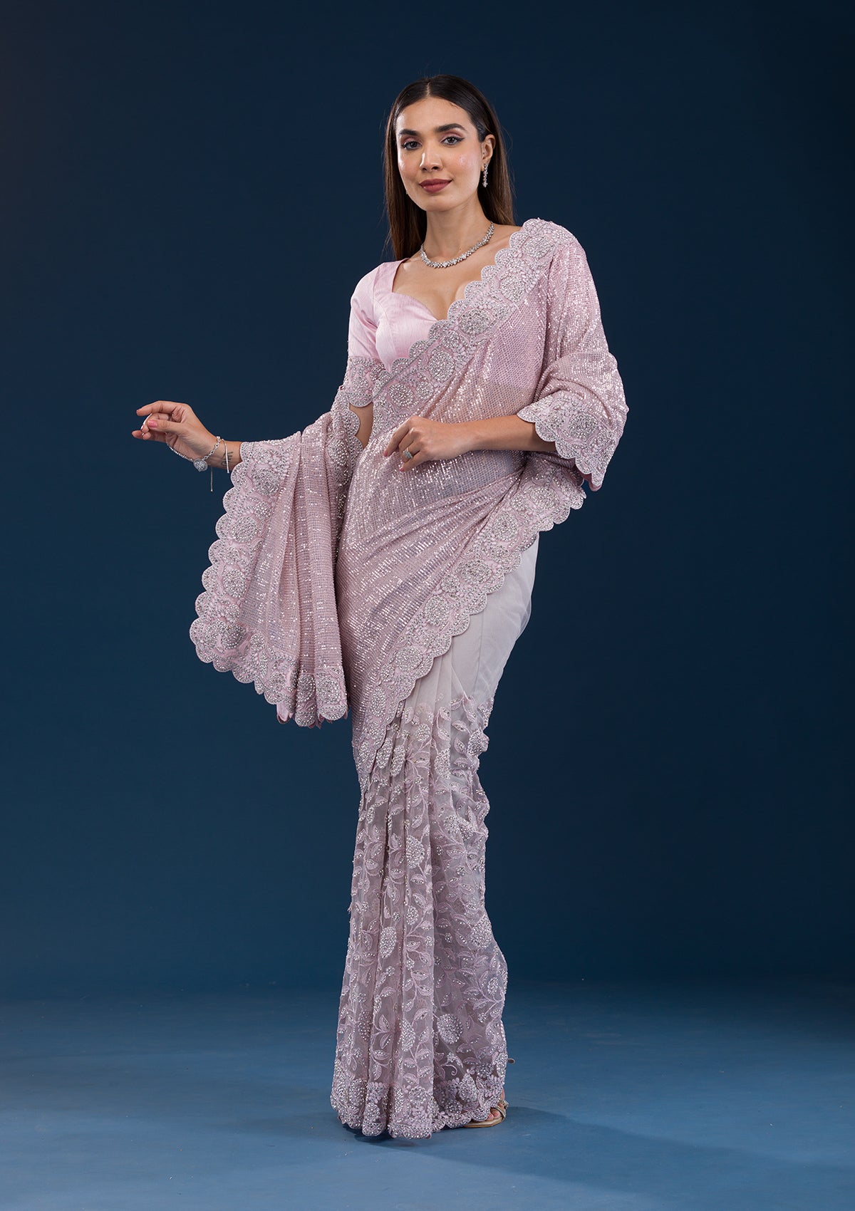 Baby Pink Threadwork Net Saree