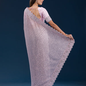 Baby Pink Threadwork Net Saree