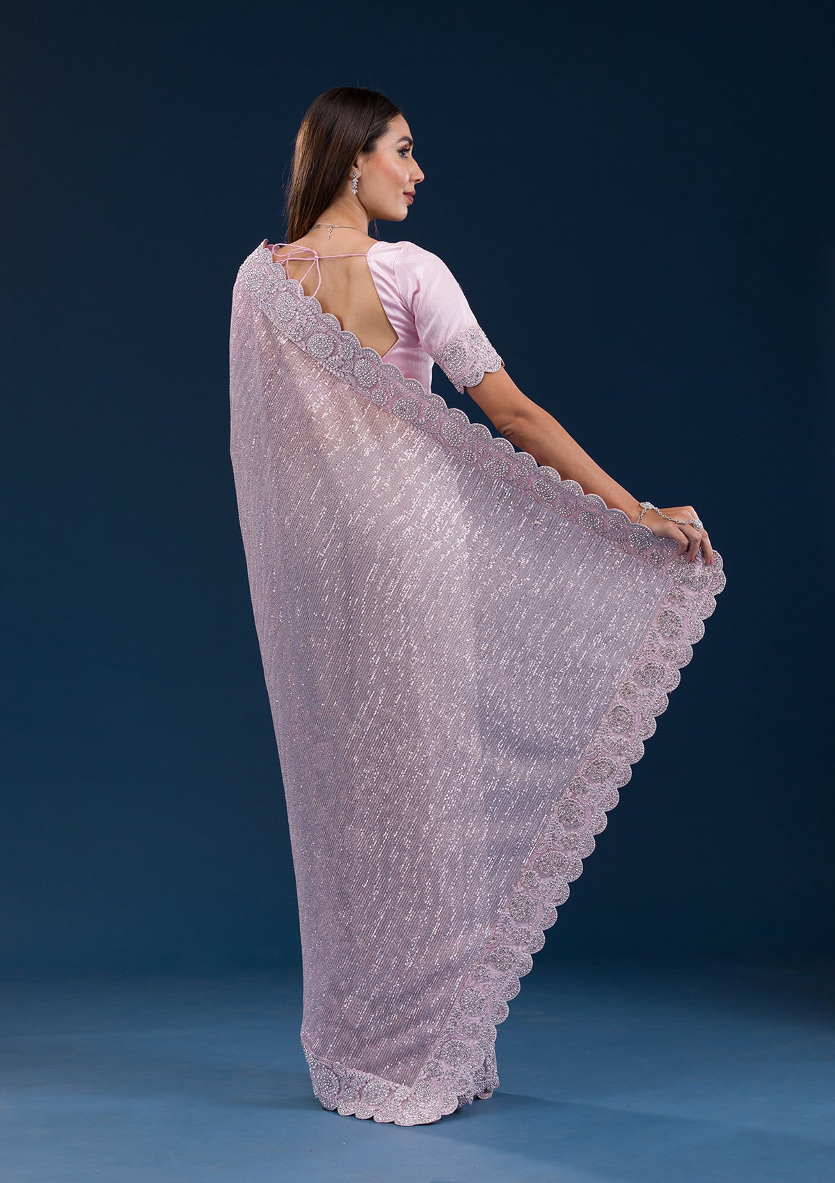 Baby Pink Threadwork Net Saree