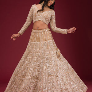 Beige Sequins Net Readymade Lehenga