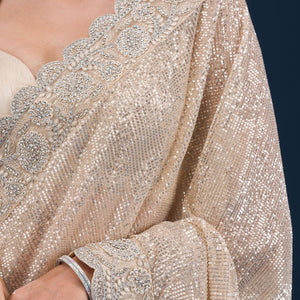 Beige Sequins Net Saree