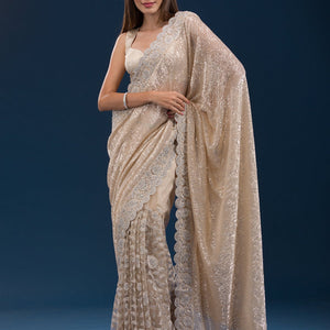 Beige Sequins Net Saree