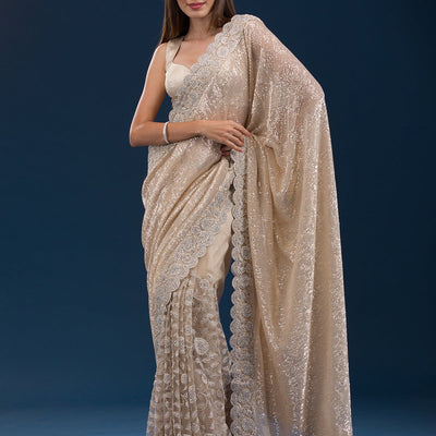 Beige Sequins Net Saree