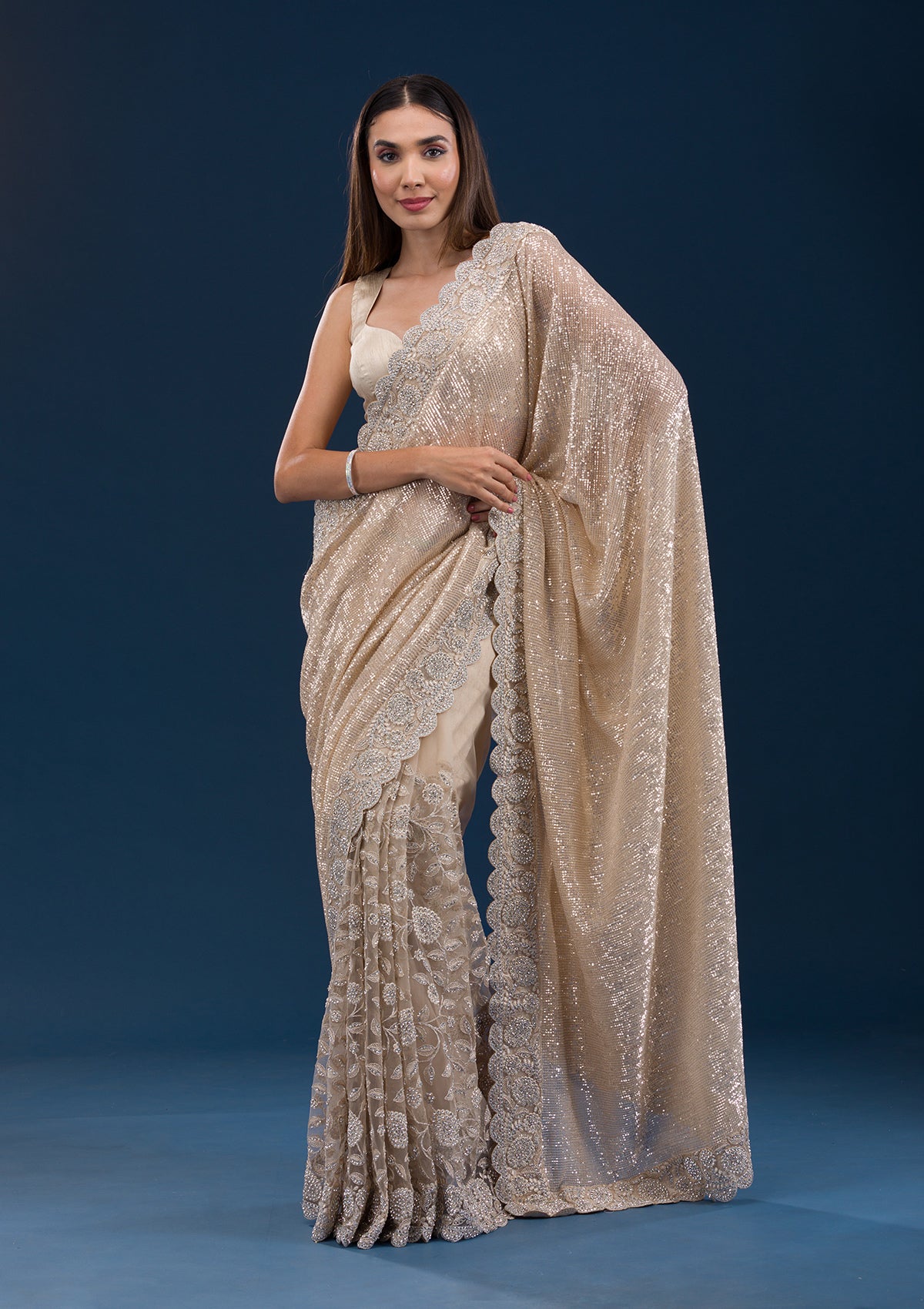 Beige Sequins Net Saree