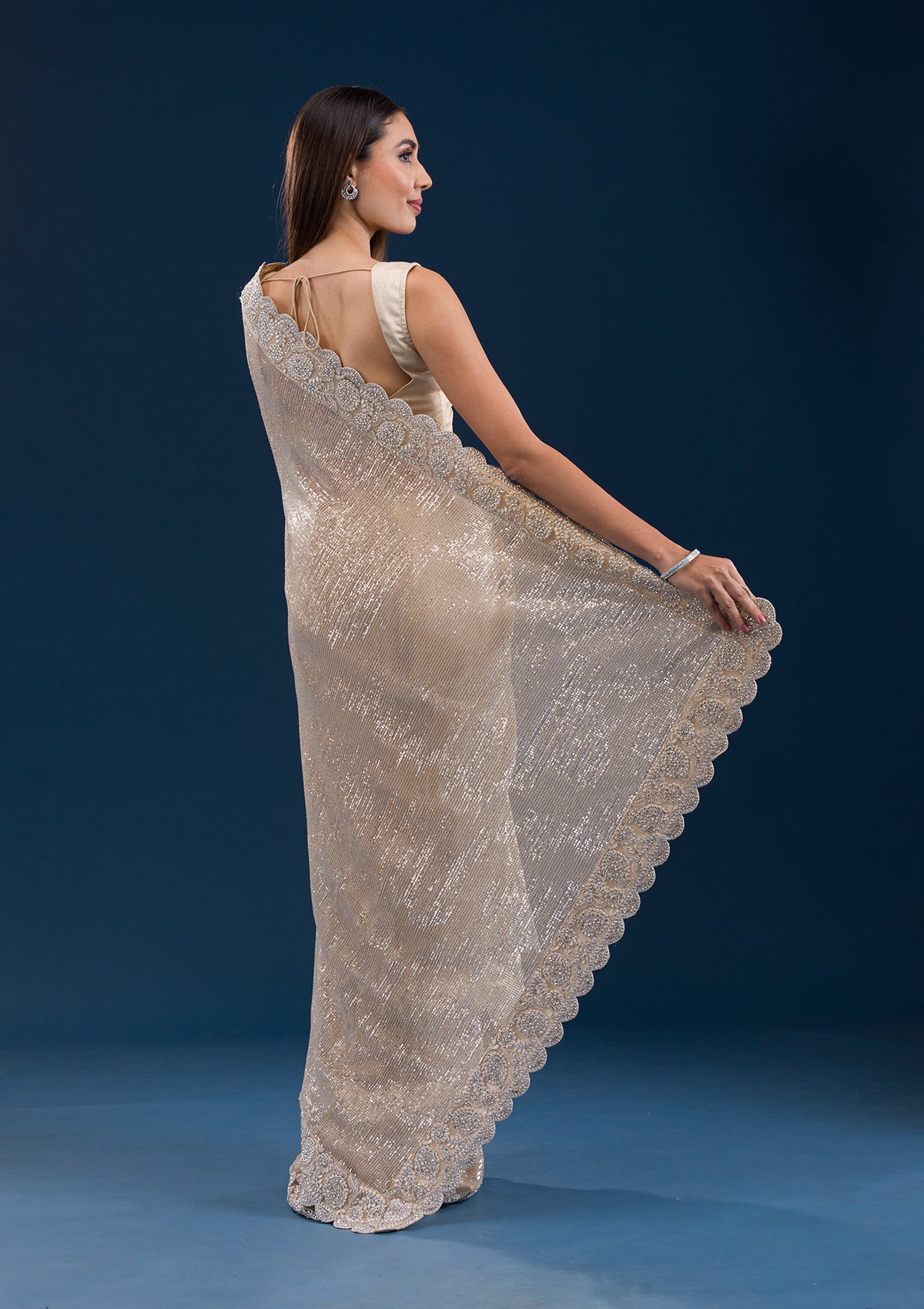 Beige Sequins Net Saree