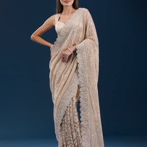 Beige Sequins Net Saree