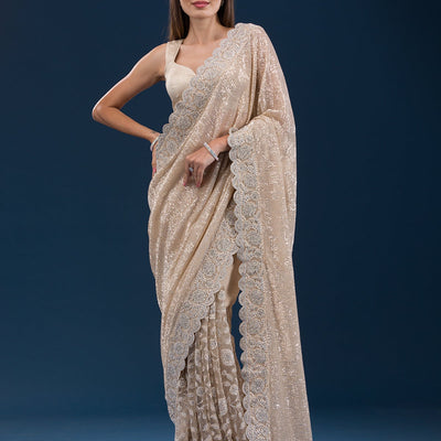 Beige Sequins Net Saree
