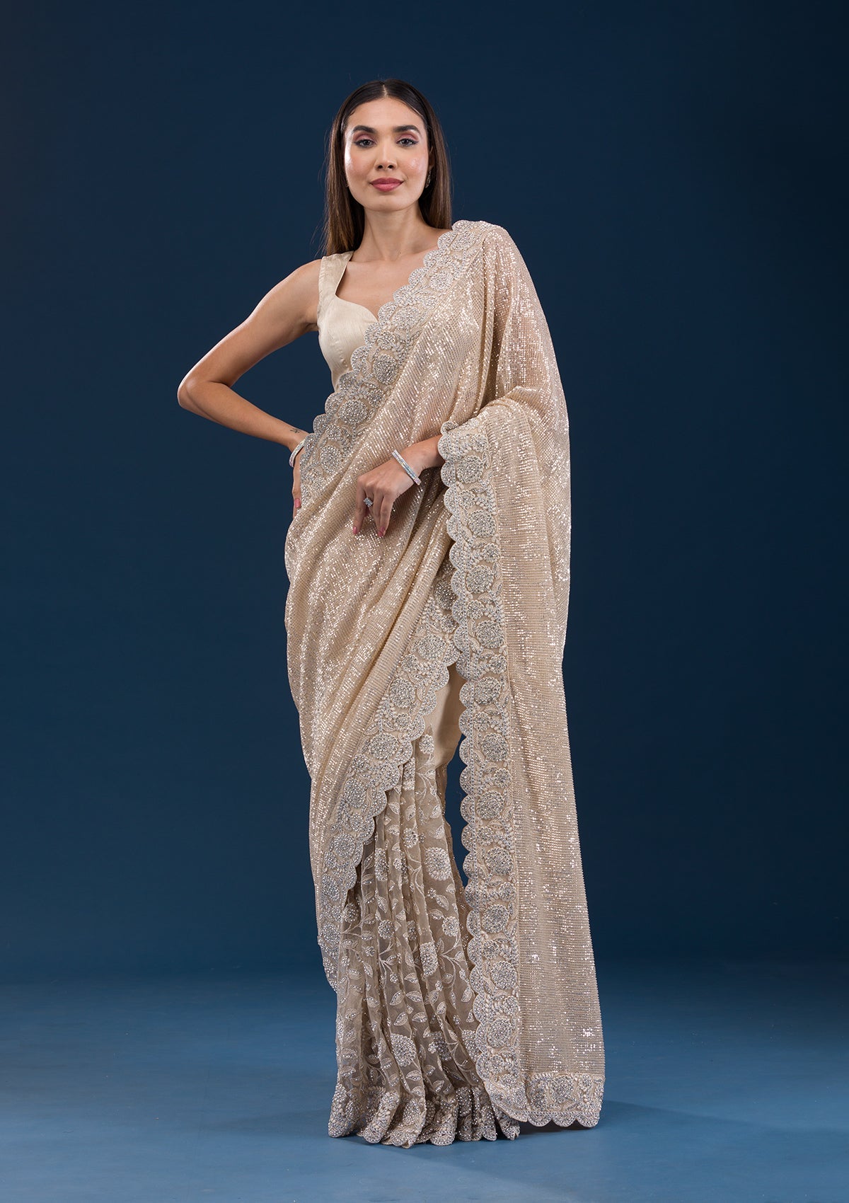 Beige Sequins Net Saree