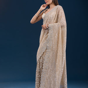 Beige Sequins Net Saree
