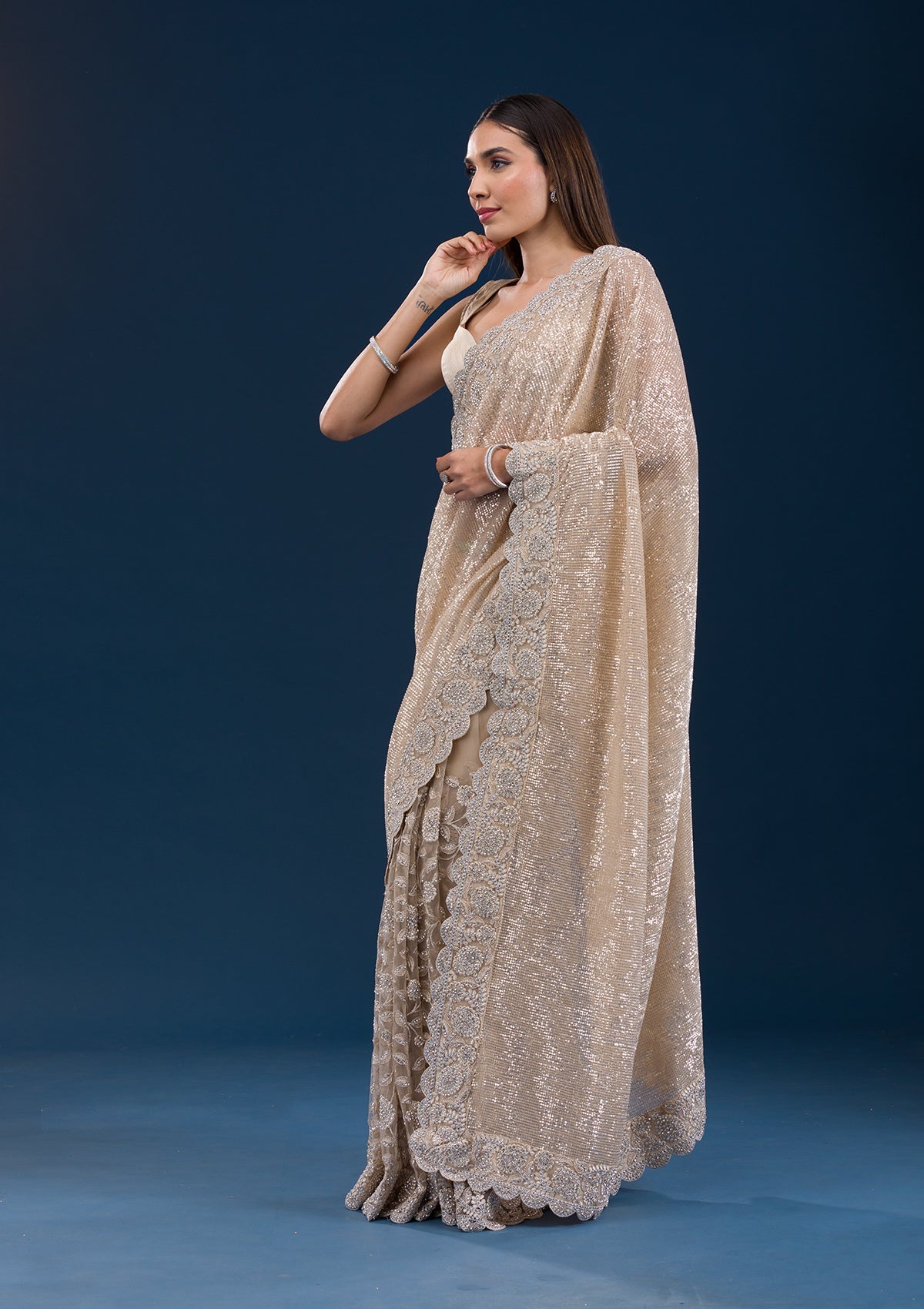 Beige Sequins Net Saree