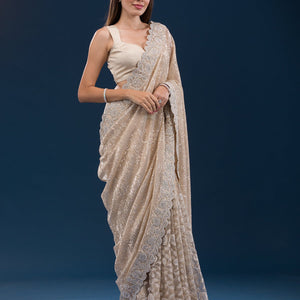 Beige Sequins Net Saree