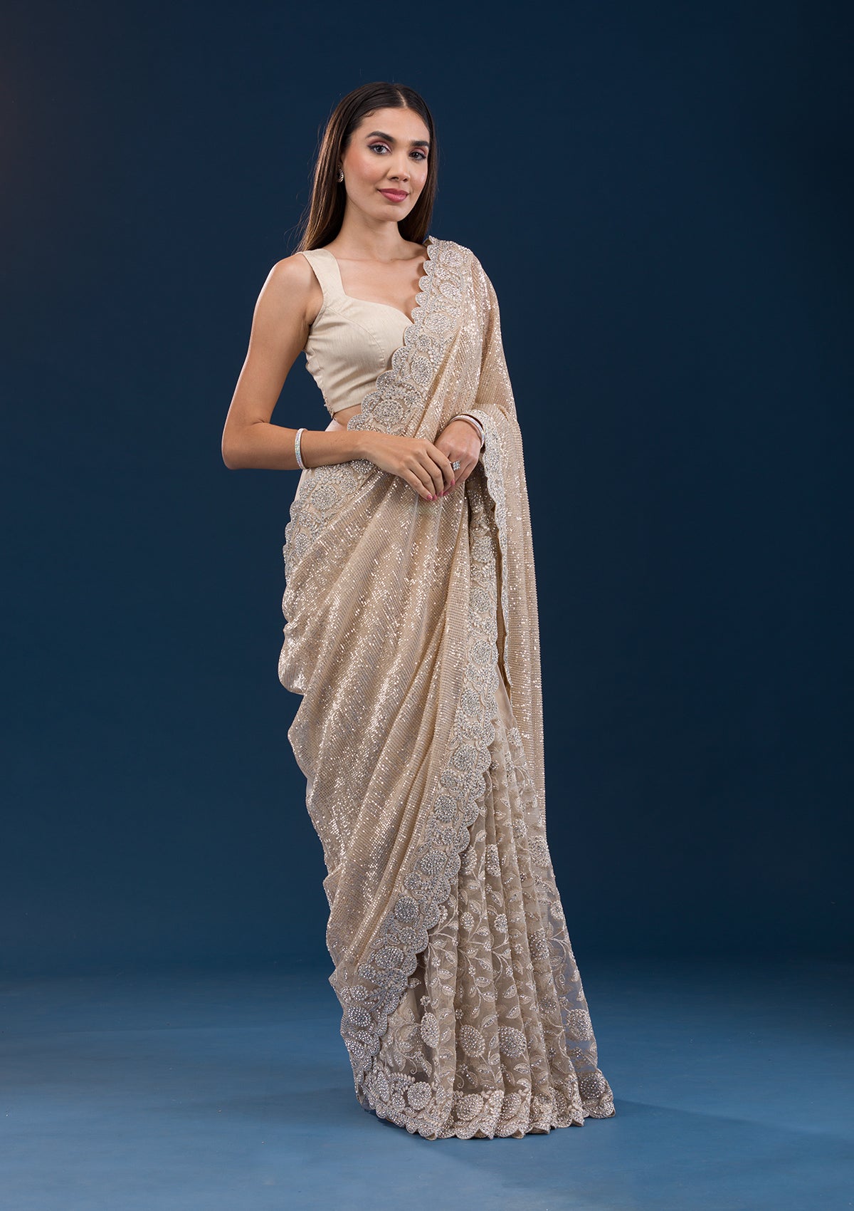 Beige Sequins Net Saree
