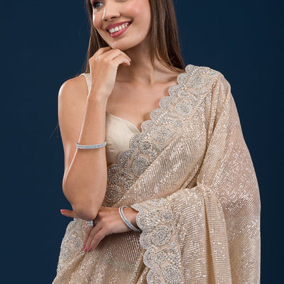 Beige Sequins Net Saree