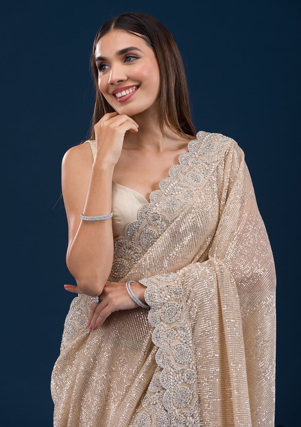 Beige Sequins Net Saree