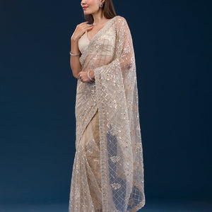 Beige Sequins Net Saree