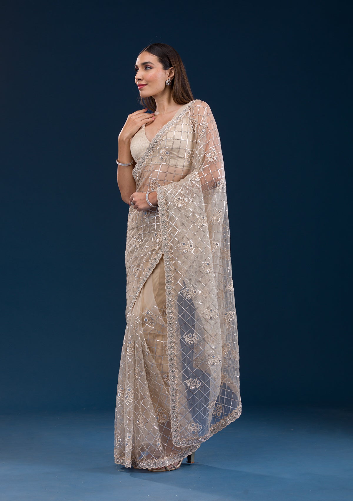 Beige Sequins Net Saree