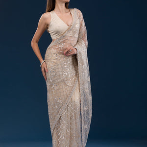Beige Sequins Net Saree