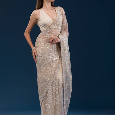 Beige Sequins Net Saree