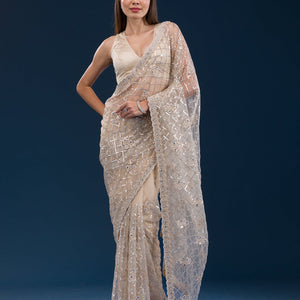 Beige Sequins Net Saree