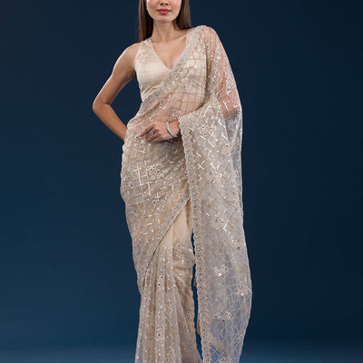 Beige Sequins Net Saree