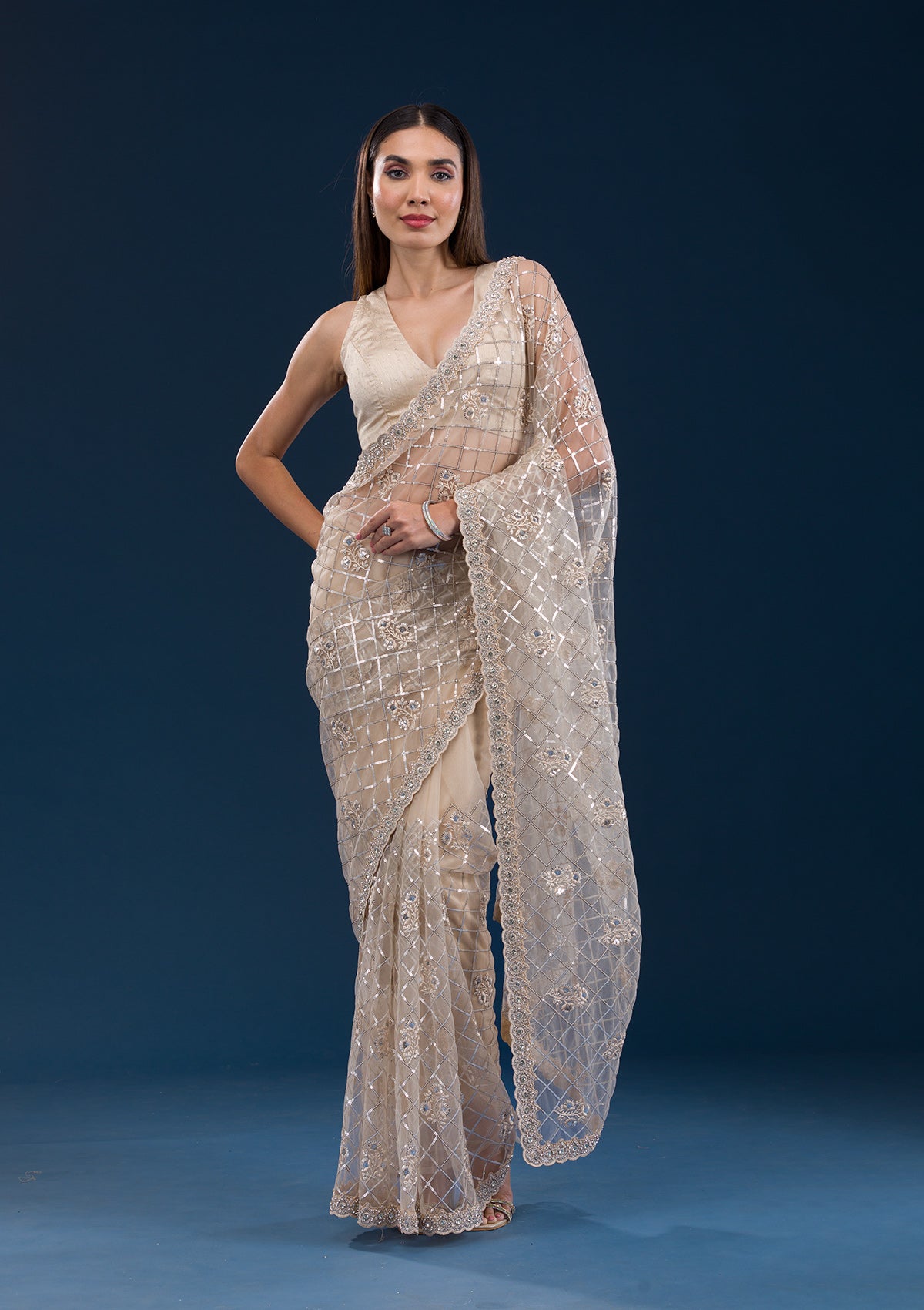 Beige Sequins Net Saree