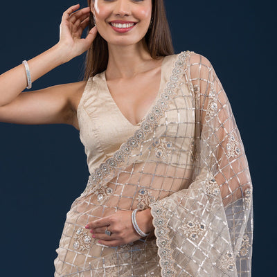 Beige Sequins Net Saree