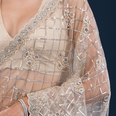 Beige Sequins Net Saree